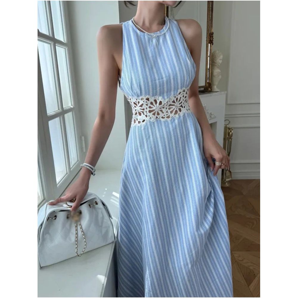 X Rose Elegant Resort Style Hollowed out Lace Patchwork Dress New High End Luxury Vertical Striped Long Dress image 1