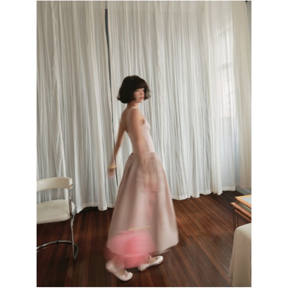 Bettychow looks absolutely ethereal Pink fitted sleeveless mid waisted ballet inspired maxi dress with knit patchwork design image 1