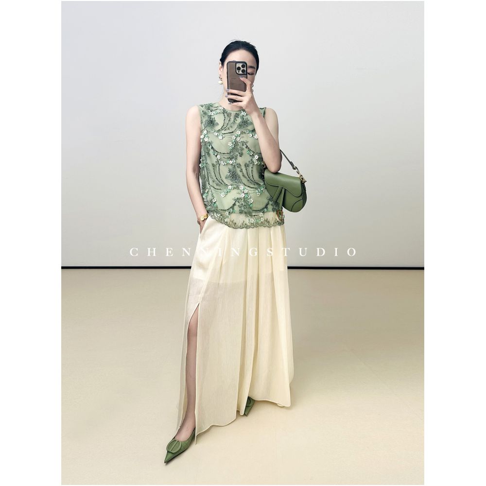 LemonChen s Exclusive Cyan Green Limited Edition Italian Imported Beaded Embroidered 3D Floral Mesh Sleeveless Top image 0