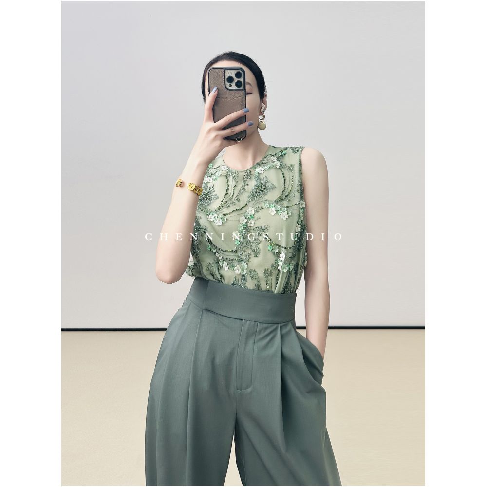 LemonChen s Exclusive Cyan Green Limited Edition Italian Imported Beaded Embroidered 3D Floral Mesh Sleeveless Top image 1