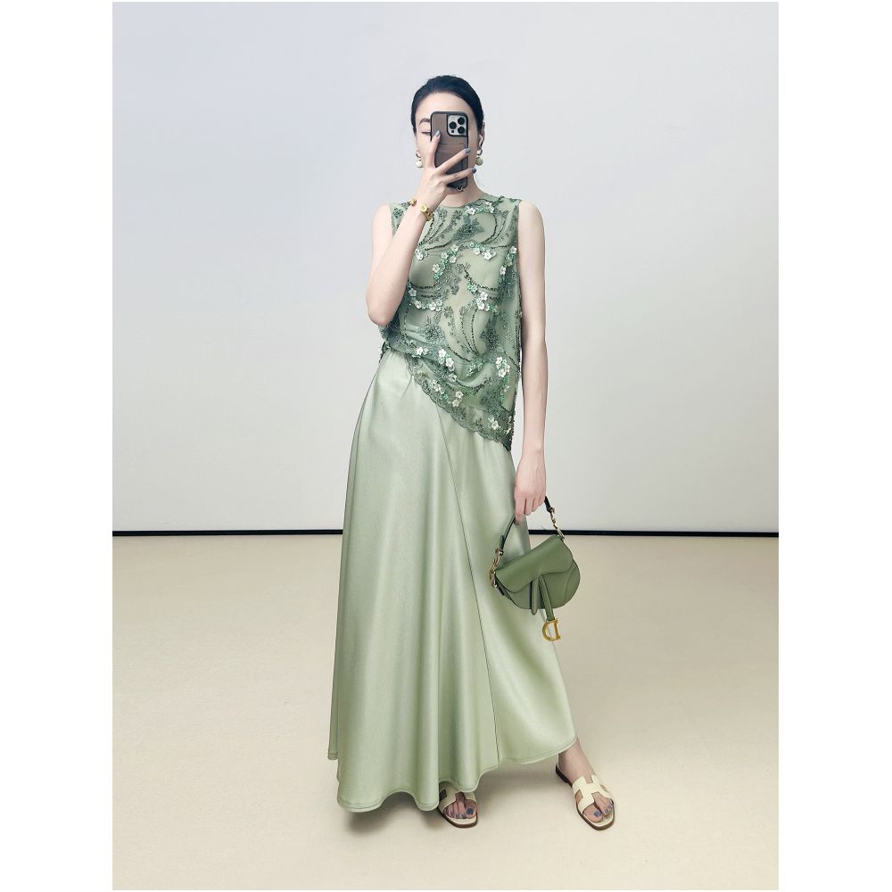 LemonChen s Exclusive Cyan Green Limited Edition Italian Imported Beaded Embroidered 3D Floral Mesh Sleeveless Top image 4