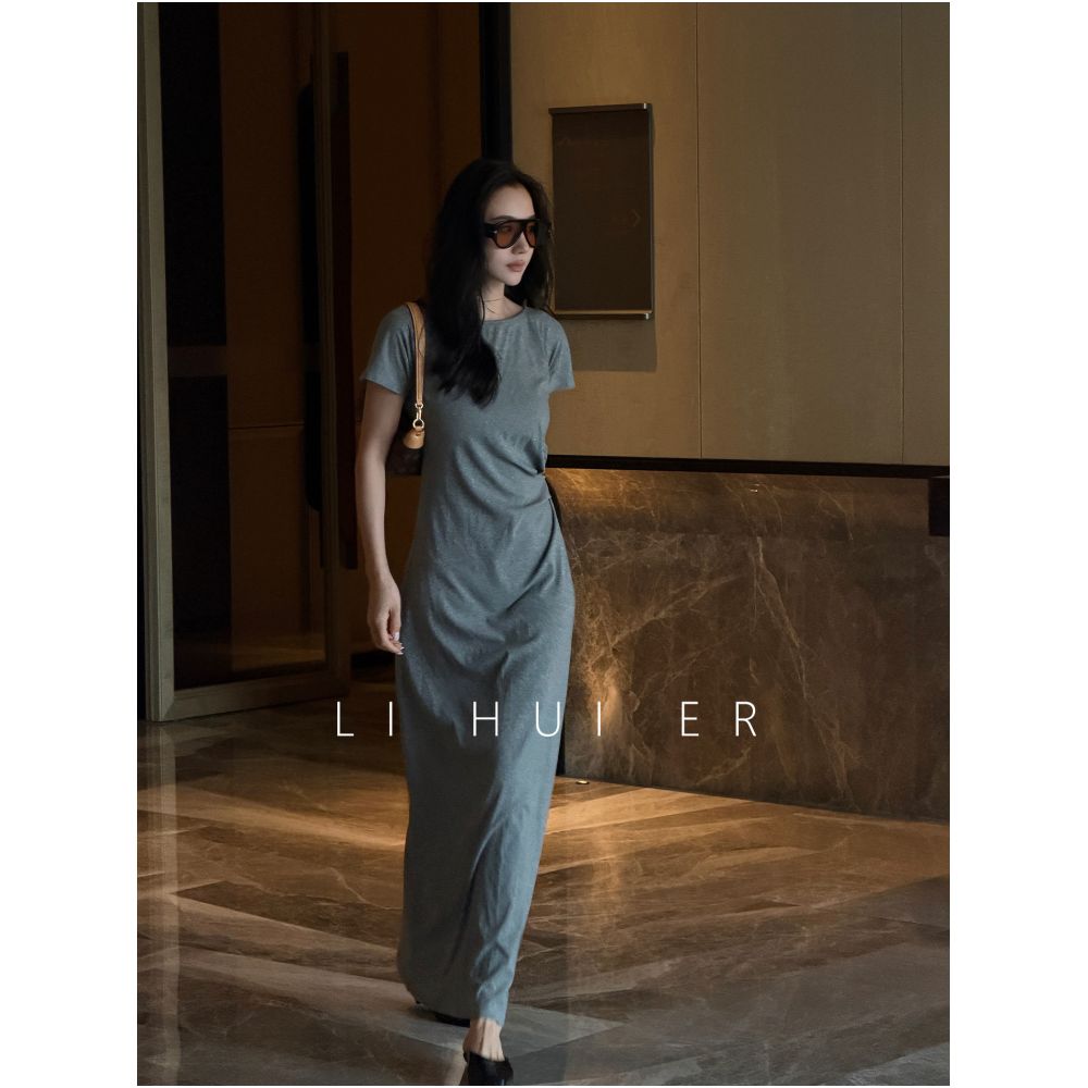 LiHuiEr Cut Fa Lu Xia Ye Brown Round Neck Short Sleeve T Shirt Dress Summer High Waist Slim Fit Knit Dress image 2
