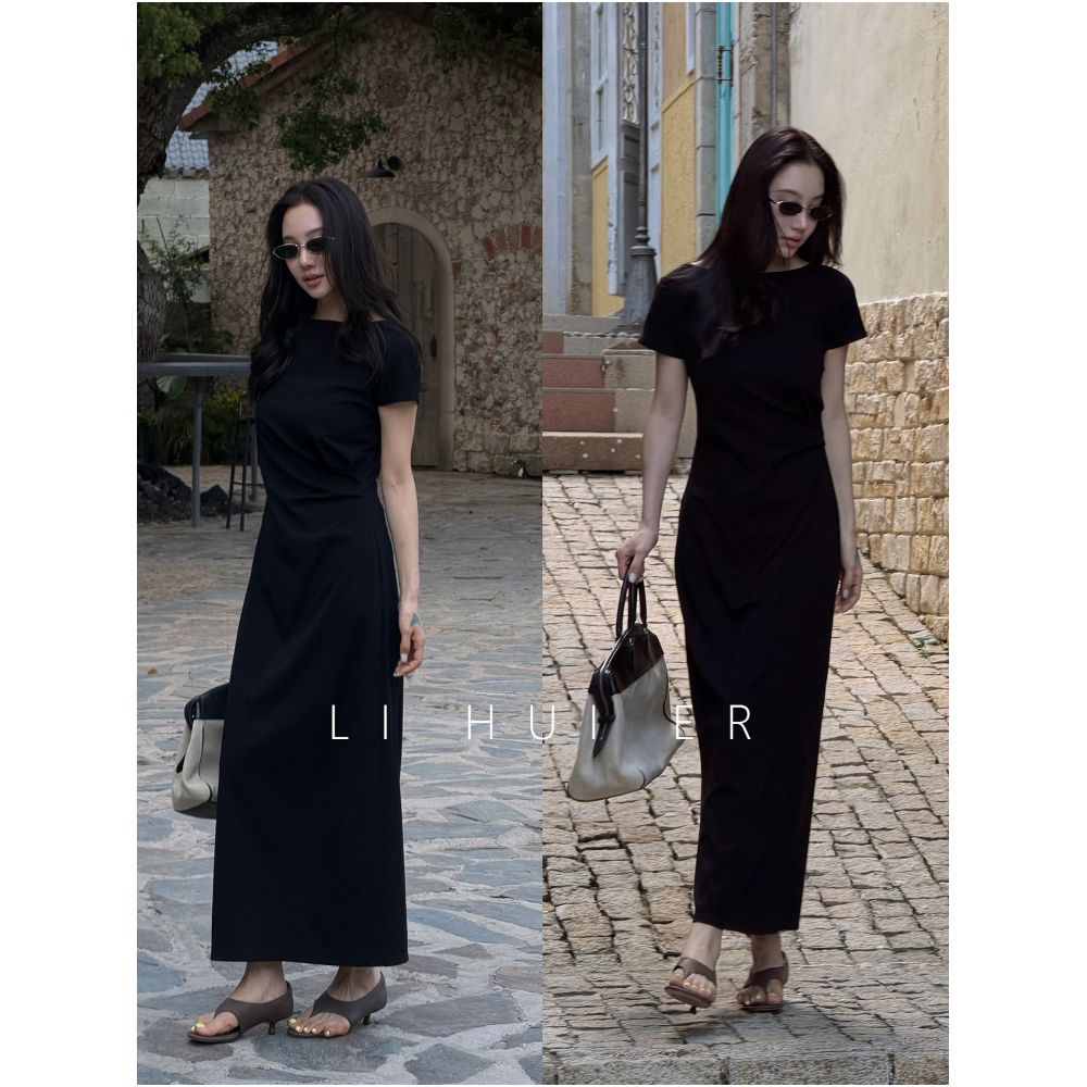 LiHuiEr Cut Fa Lu Xia Ye Brown Round Neck Short Sleeve T Shirt Dress Summer High Waist Slim Fit Knit Dress image 4