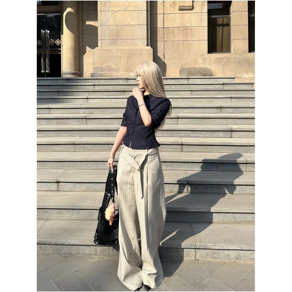 NOW3 High Quality Substitute for Faux Wool Texture Jacquard Single Pleated Straight Striped Trousers with Elastic Waist and Flowy Ribbon Trendy image 2