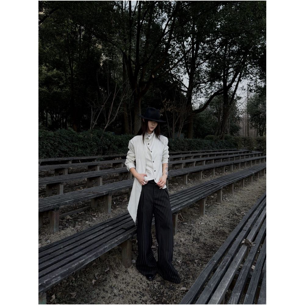NOW3 High Quality Substitute for Faux Wool Texture Jacquard Single Pleated Straight Striped Trousers with Elastic Waist and Flowy Ribbon Trendy image 3