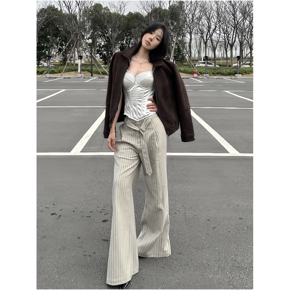 NOW3 High Quality Substitute for Faux Wool Texture Jacquard Single Pleated Straight Striped Trousers with Elastic Waist and Flowy Ribbon Trendy image 4