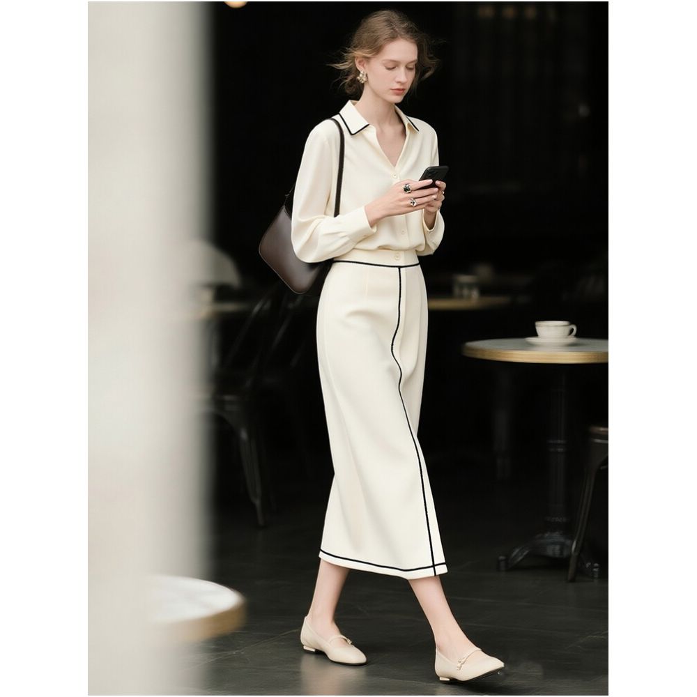 Elegant and youthful sophisticated and graceful this 2026 Autumn Winter new arrival features a super beautiful beige shirt and skirt two piece set image 0