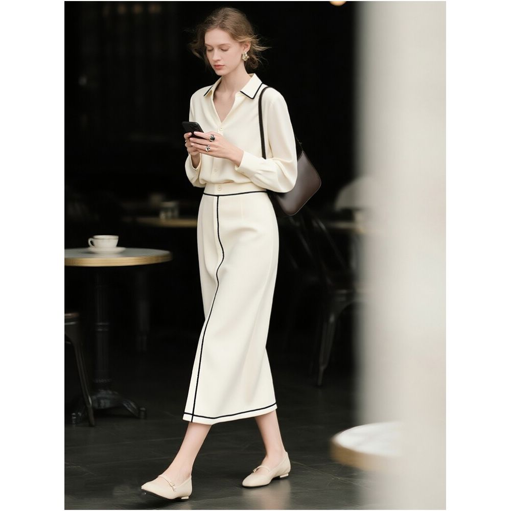 Elegant and youthful sophisticated and graceful this 2026 Autumn Winter new arrival features a super beautiful beige shirt and skirt two piece set image 1