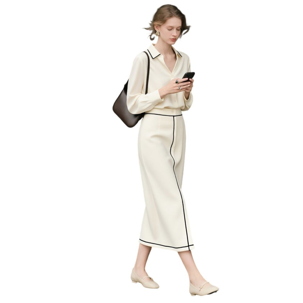 Elegant and youthful sophisticated and graceful this 2026 Autumn Winter new arrival features a super beautiful beige shirt and skirt two piece set image 4