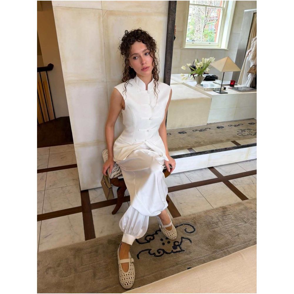 Three dimensional tailoring modern Chinese style old fashioned Hanfu slim fit vest top satin harem pants cool and textured tapered leg trousers image 2