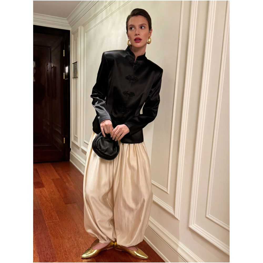 Eenkcos New Chinese Retro Black Stand Collar Fold Boo Slim Fit Suit Jacket for Women Old Money Style Design image 0