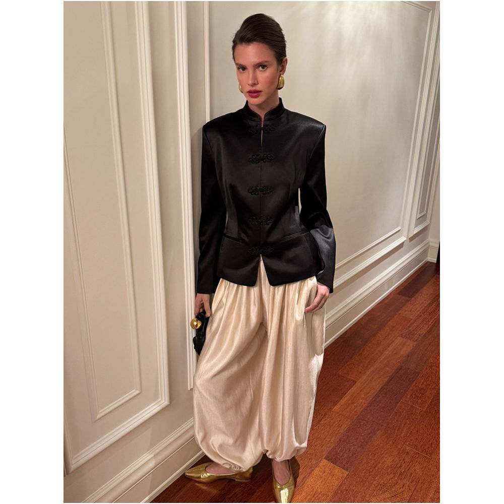 Eenkcos New Chinese Retro Black Stand Collar Fold Boo Slim Fit Suit Jacket for Women Old Money Style Design image 1