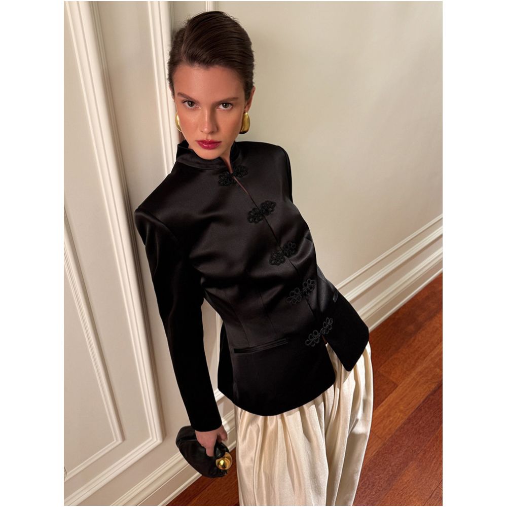 Eenkcos New Chinese Retro Black Stand Collar Fold Boo Slim Fit Suit Jacket for Women Old Money Style Design image 2