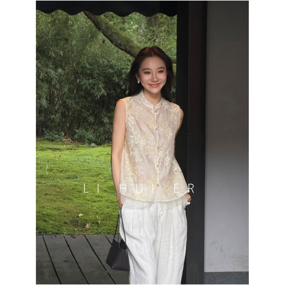 LiHuiEr Tangli Jianxue Summer Beige Stand Collar Embroidered Silk Vest for Women image 0