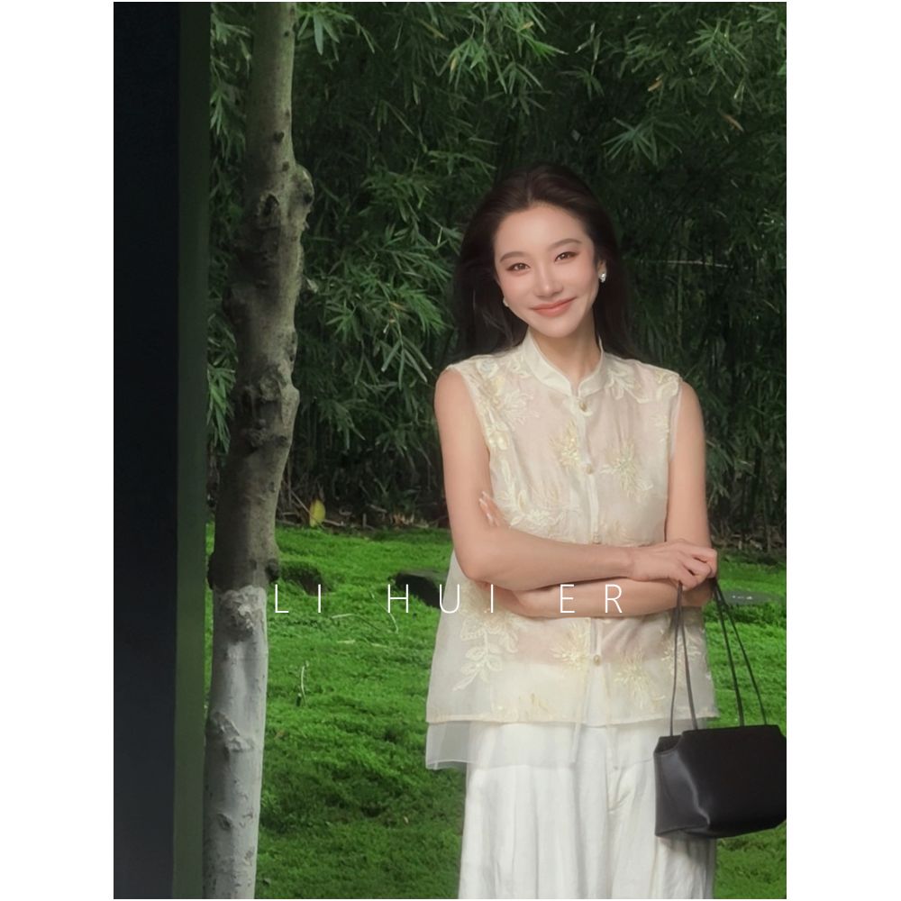 LiHuiEr Tangli Jianxue Summer Beige Stand Collar Embroidered Silk Vest for Women image 1