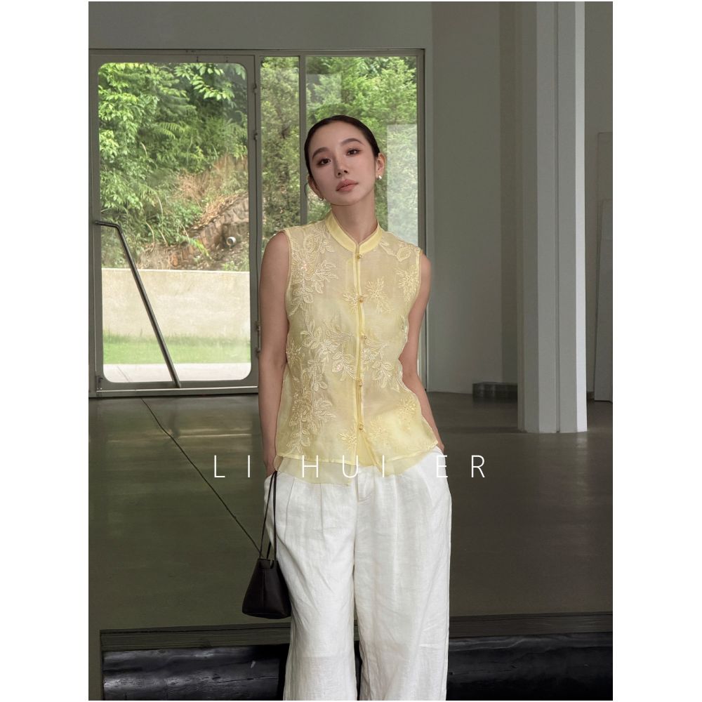 LiHuiEr Tangli Jianxue Summer Beige Stand Collar Embroidered Silk Vest for Women image 4