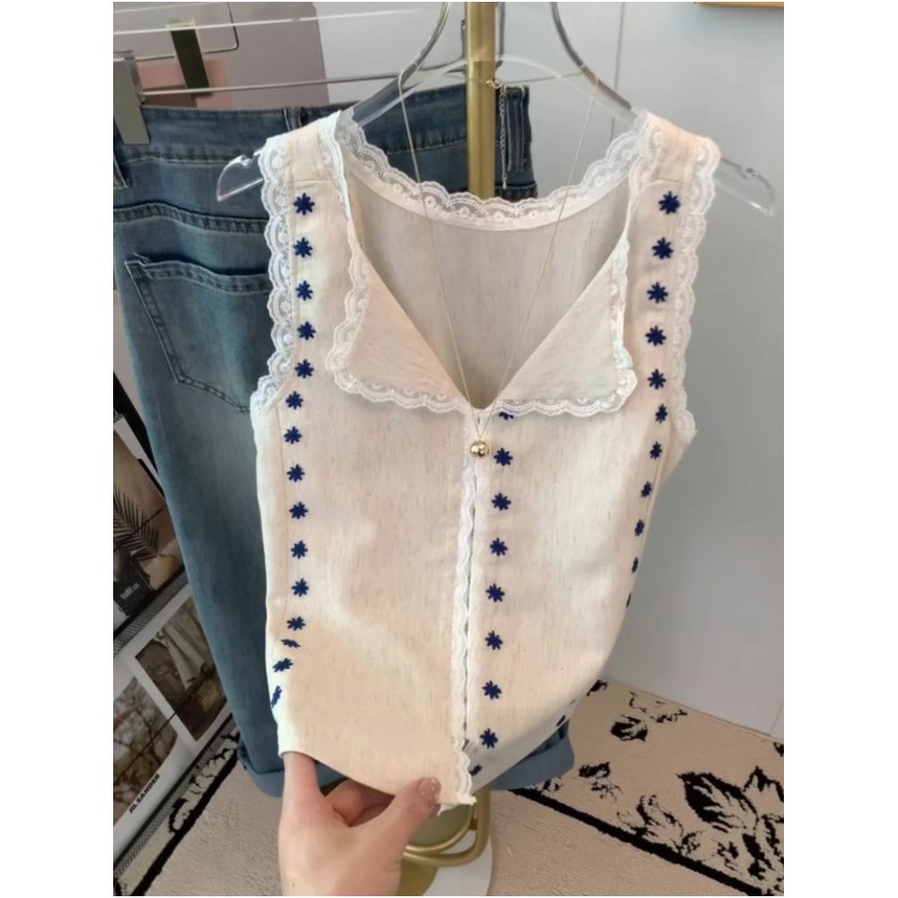 French style V neck embroidered sleeveless vest for women summer style lace trim short slim fit pretty top trendy image 0