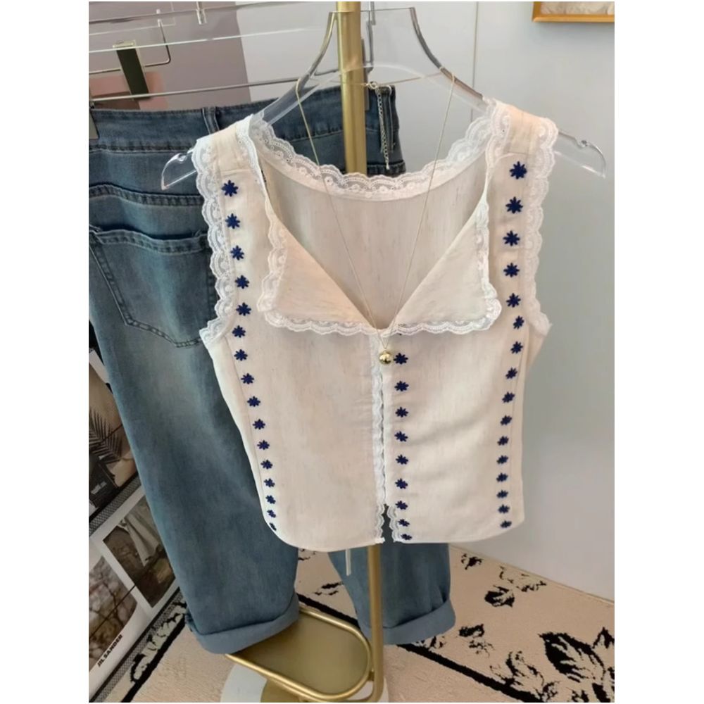 French style V neck embroidered sleeveless vest for women summer style lace trim short slim fit pretty top trendy image 1