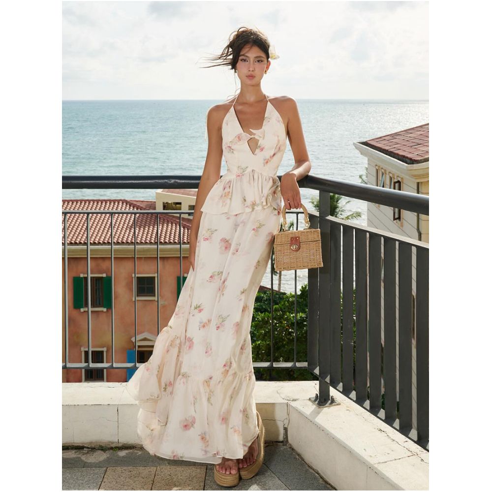 Sisjuly French style fresh and beautiful floral bow hollowed out camisole and ruffled maxi skirt set for women image 1