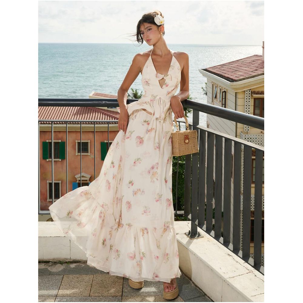Sisjuly French style fresh and beautiful floral bow hollowed out camisole and ruffled maxi skirt set for women image 2