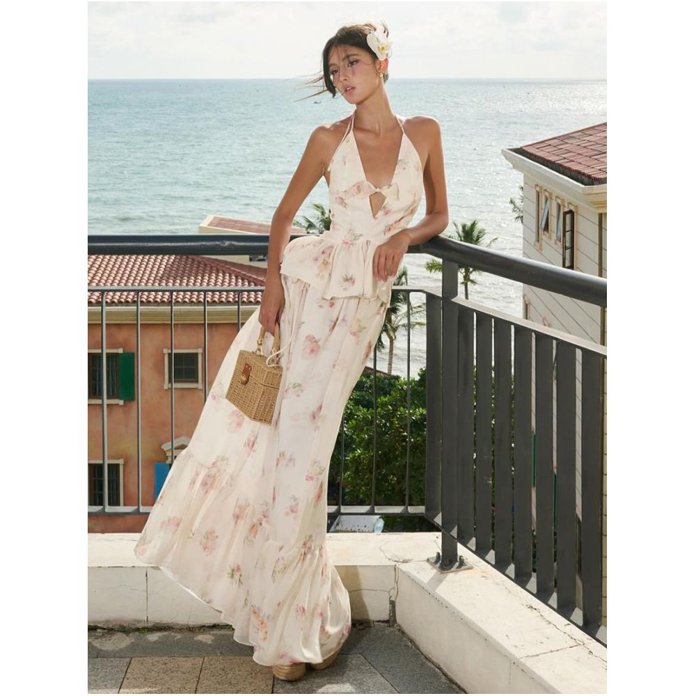 Sisjuly French style fresh and beautiful floral bow hollowed out camisole and ruffled maxi skirt set for women image 3