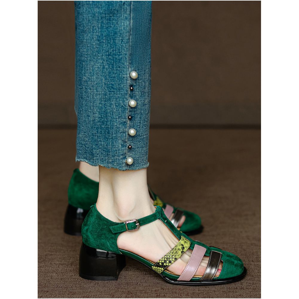 Handmade genuine leather Very fashionable French style closed toe chunky heel sandals for women summer high heels color blocking hollowed out single strap Roman sandals image 0