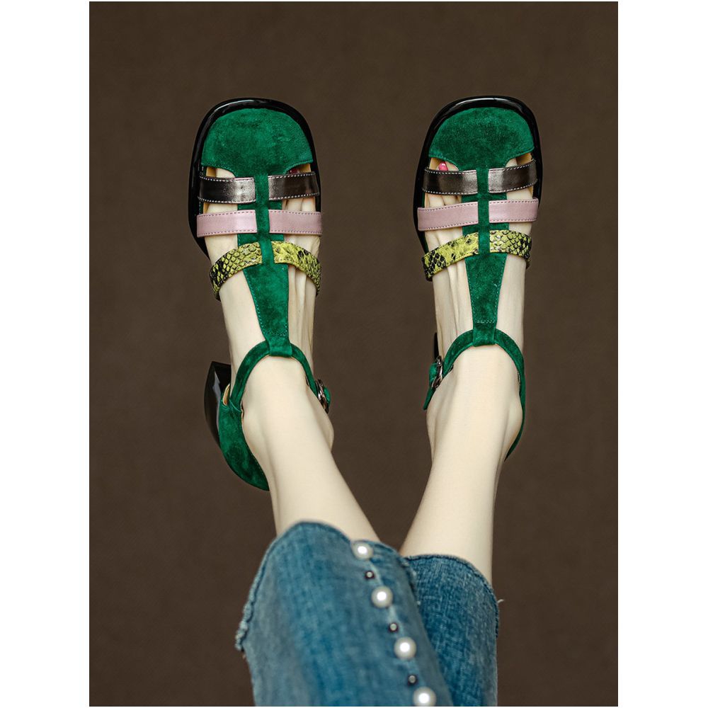 Handmade genuine leather Very fashionable French style closed toe chunky heel sandals for women summer high heels color blocking hollowed out single strap Roman sandals image 1