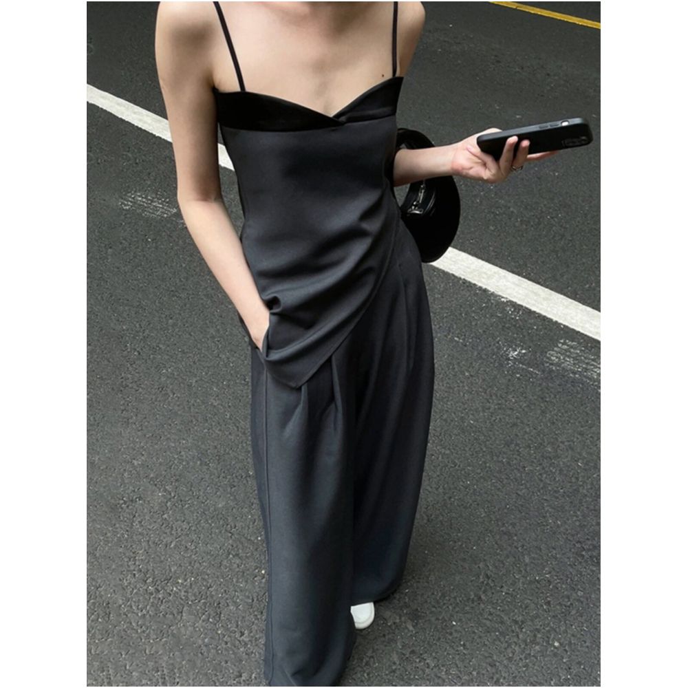 French style irregular patchwork camisole top loose casual wide leg floor length trousers summer set image 0