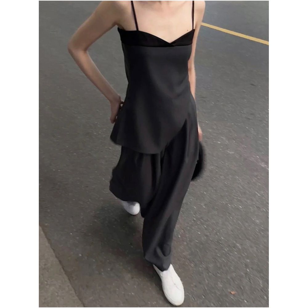 French style irregular patchwork camisole top loose casual wide leg floor length trousers summer set image 2