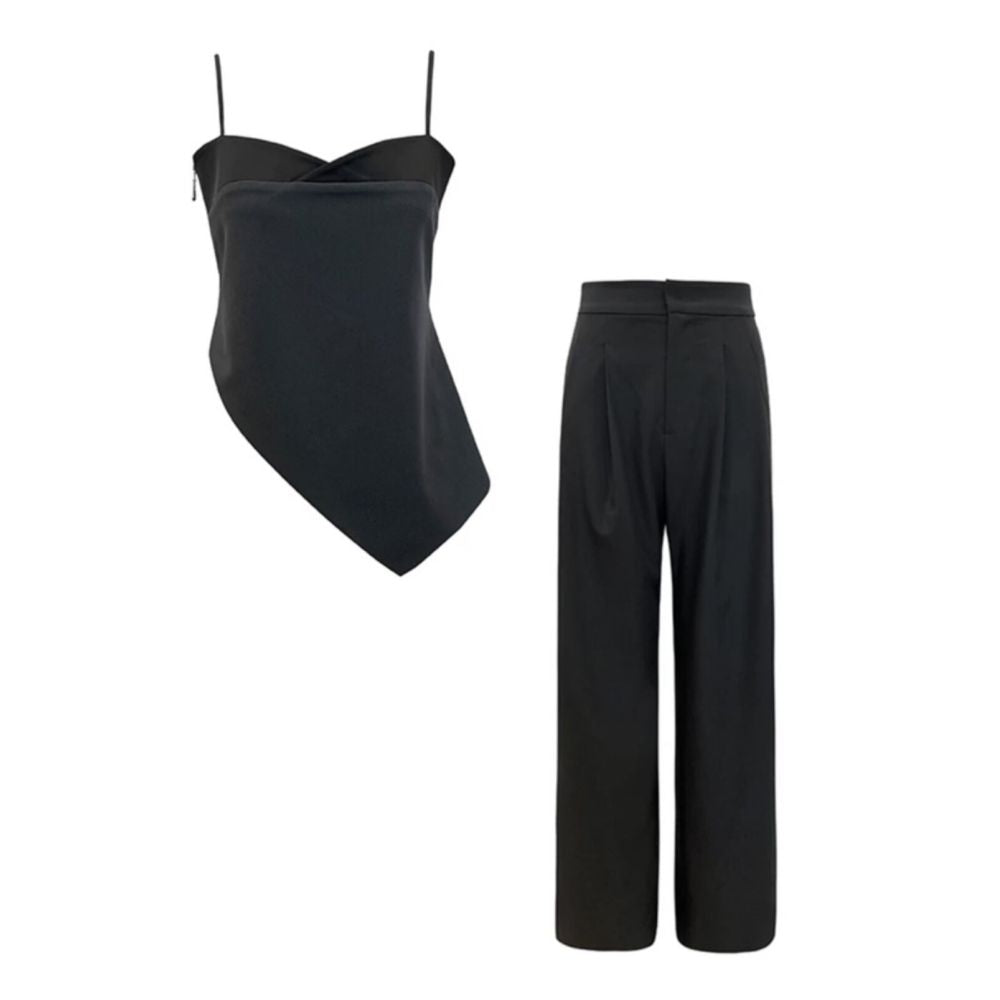French style irregular patchwork camisole top loose casual wide leg floor length trousers summer set image 4