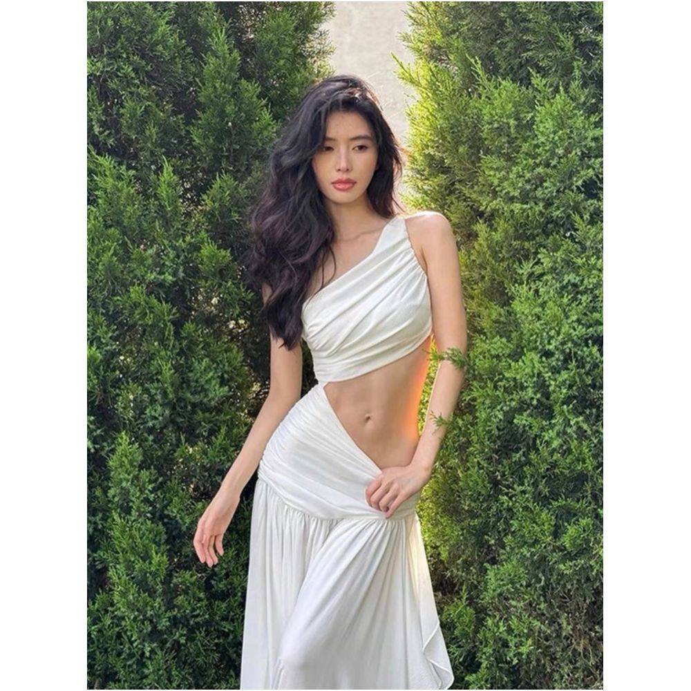 Sisjuly A cool ethereal one shoulder openwork mesh maxi dress for women a pure and alluring vacation gown image 0