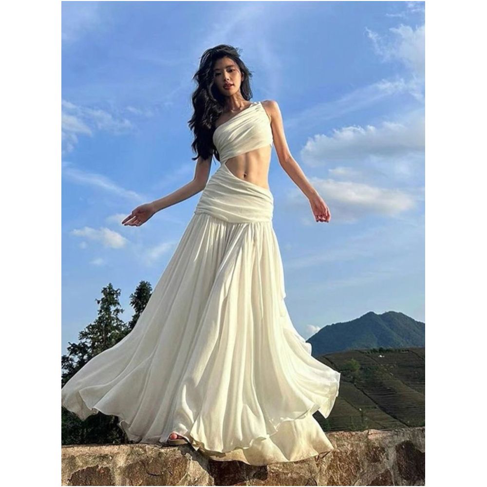Sisjuly A cool ethereal one shoulder openwork mesh maxi dress for women a pure and alluring vacation gown image 2