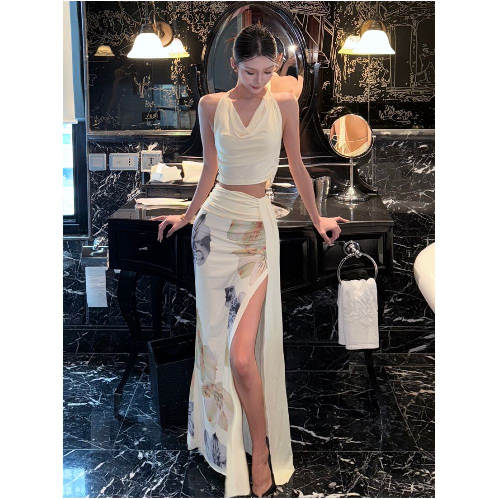 Sisjuly Chic girl style apricot collar vest with floral print and slit skirt set for women image 0