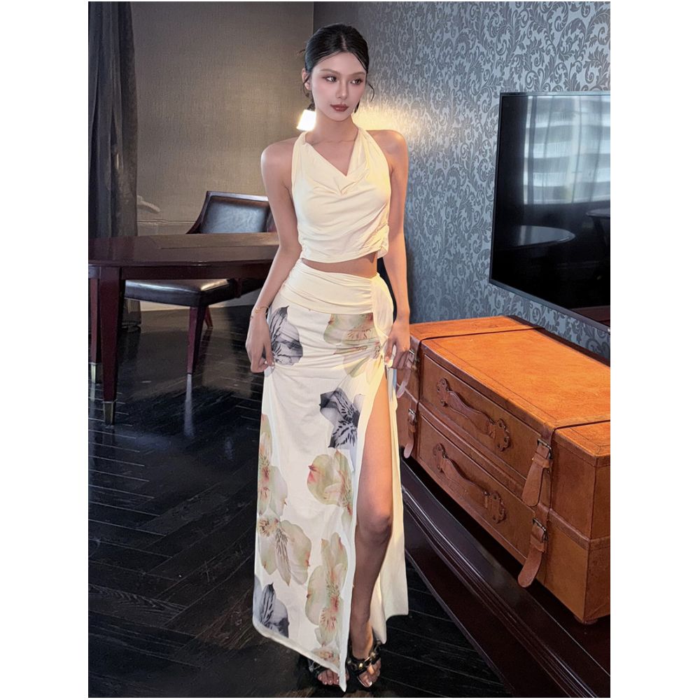 Sisjuly Chic girl style apricot collar vest with floral print and slit skirt set for women image 1
