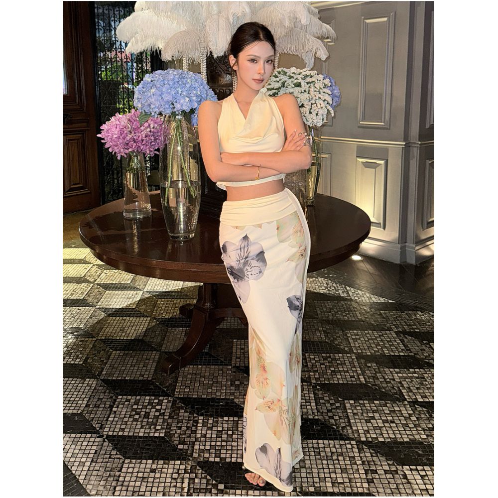 Sisjuly Chic girl style apricot collar vest with floral print and slit skirt set for women image 2