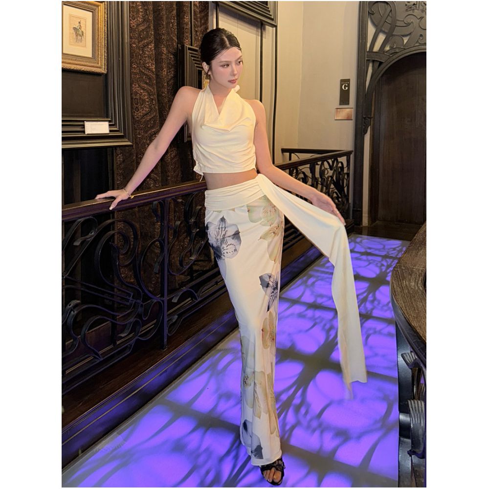 Sisjuly Chic girl style apricot collar vest with floral print and slit skirt set for women image 3