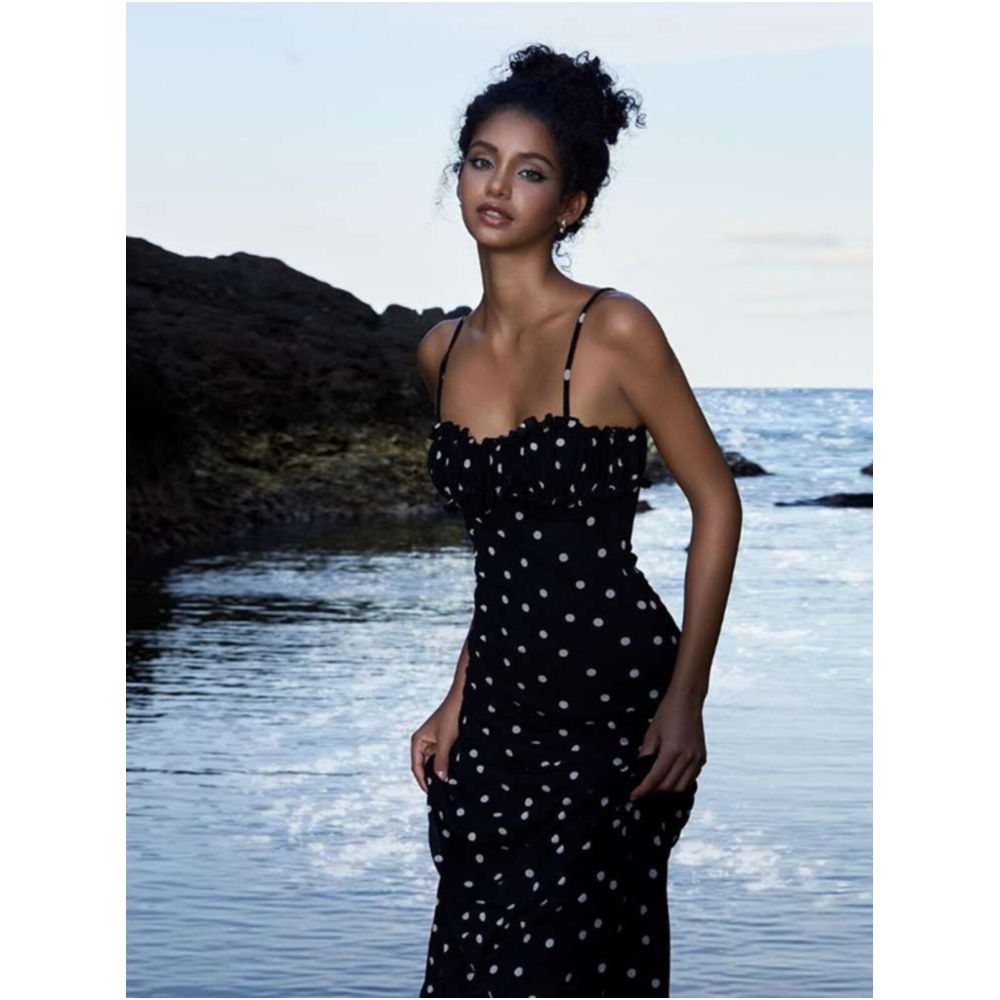 Sisjuly French style elegant polka dot slip dress with a flowing ribbon and a slight A line silhouette image 0