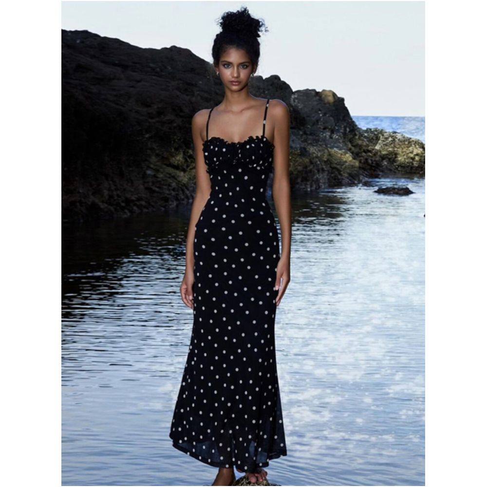 Sisjuly French style elegant polka dot slip dress with a flowing ribbon and a slight A line silhouette image 1