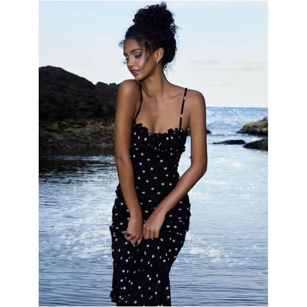 Sisjuly French style elegant polka dot slip dress with a flowing ribbon and a slight A line silhouette image 2