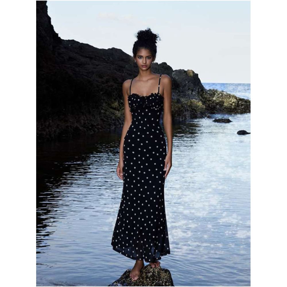 Sisjuly French style elegant polka dot slip dress with a flowing ribbon and a slight A line silhouette image 3
