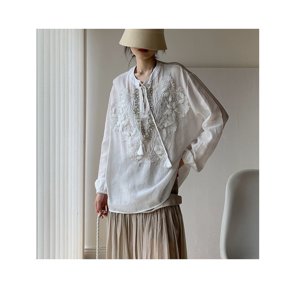 Aowen 2026 Summer New Chinese Style Heavy Embroidery Beaded Light National Style Long Sleeve Sun Protection Top Lightweight Comfortable Elegance image 1