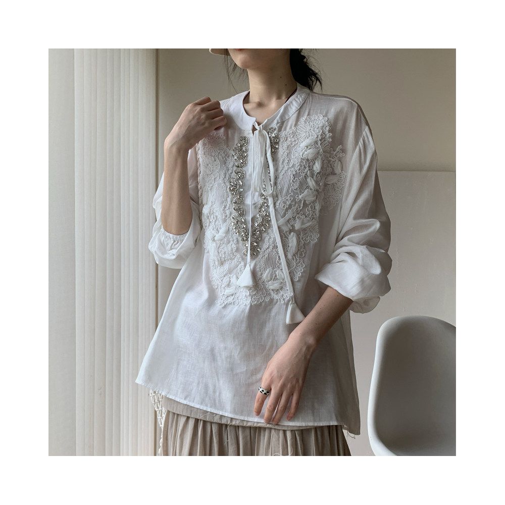 Aowen 2026 Summer New Chinese Style Heavy Embroidery Beaded Light National Style Long Sleeve Sun Protection Top Lightweight Comfortable Elegance image 4