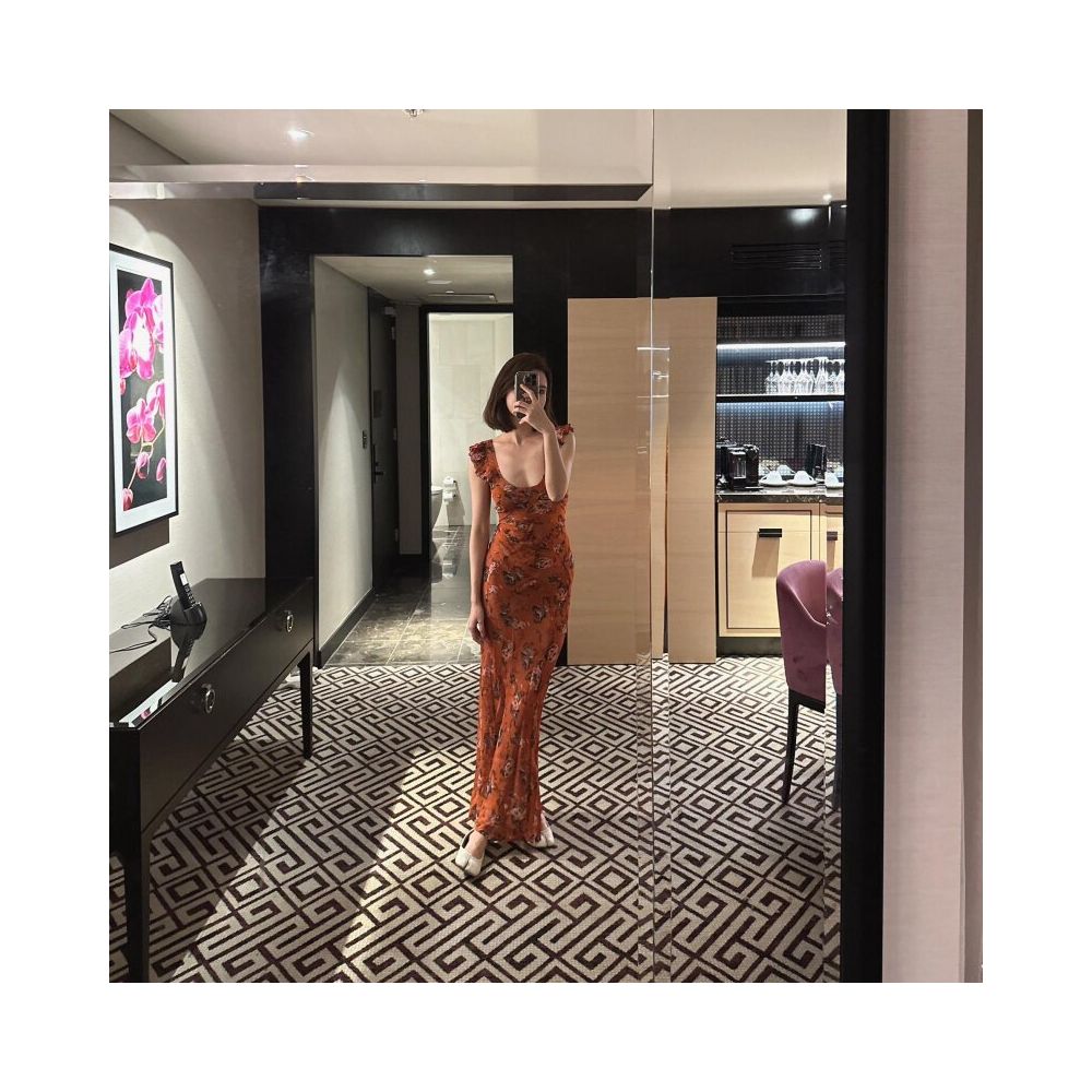 NALYSA Correct Version Waist cinching Spaghetti Strap Long Dress with Small Flutter Sleeves Square Neck Floral Dress for Women Summer French Resort Style image 1