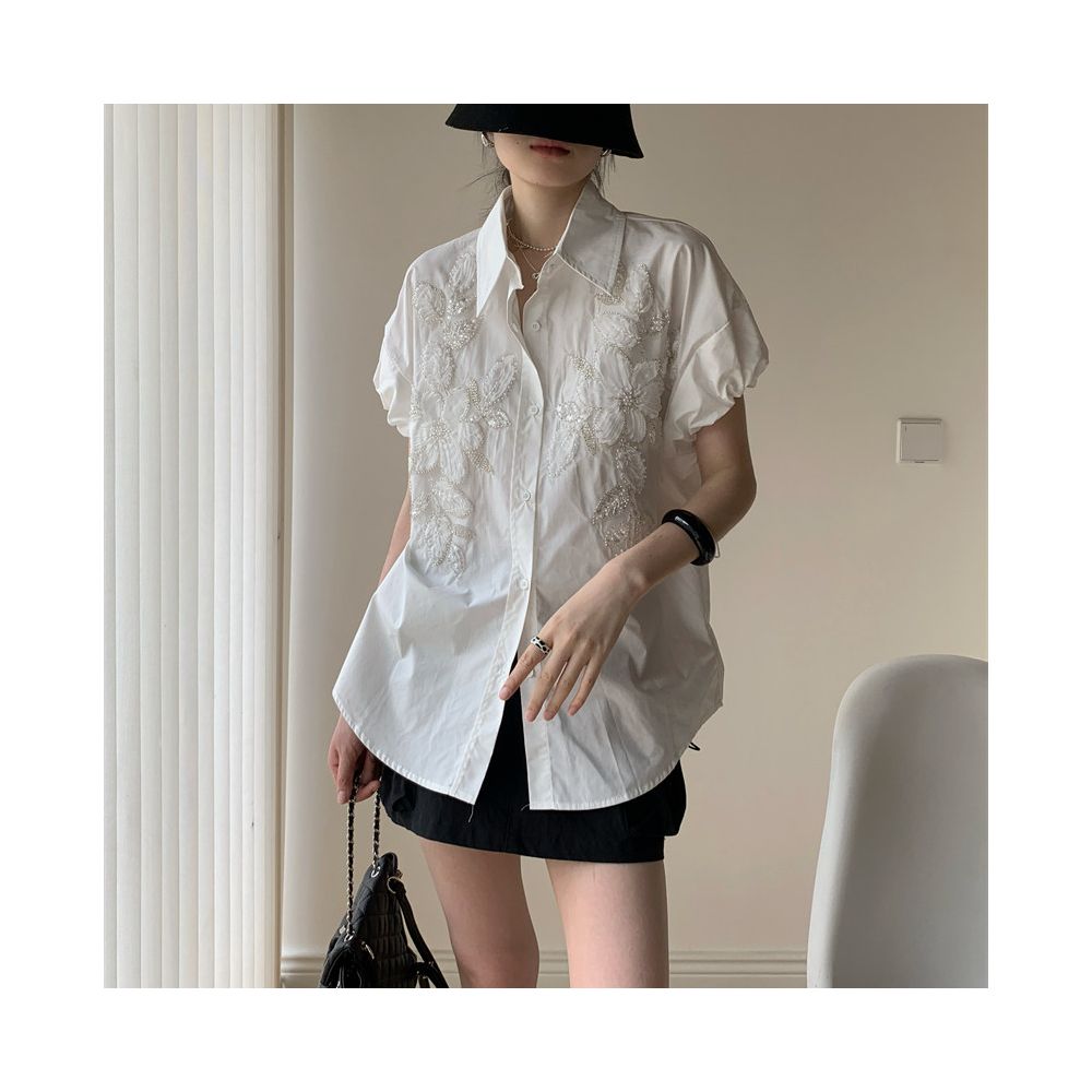 Owen 2026 Summer Embroidered Floral Heavy Rhinestone Studded Loose Fit Vest Shirt with Drawstring Cuffs Oversized Fit image 2