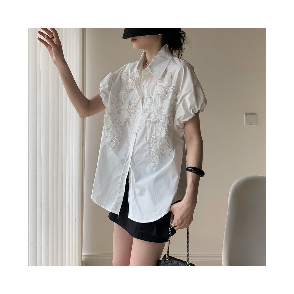 Owen 2026 Summer Embroidered Floral Heavy Rhinestone Studded Loose Fit Vest Shirt with Drawstring Cuffs Oversized Fit image 3