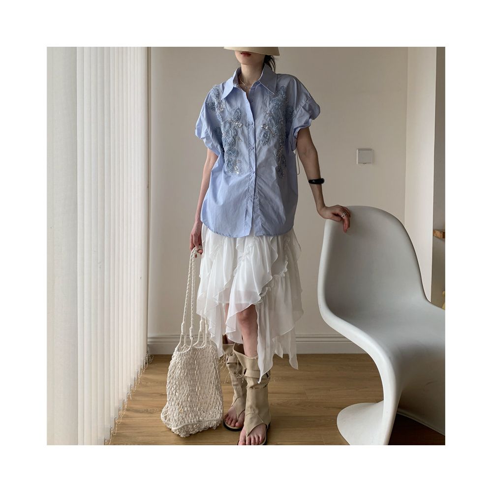 Owen 2026 Summer Embroidered Floral Heavy Rhinestone Studded Loose Fit Vest Shirt with Drawstring Cuffs Oversized Fit image 4