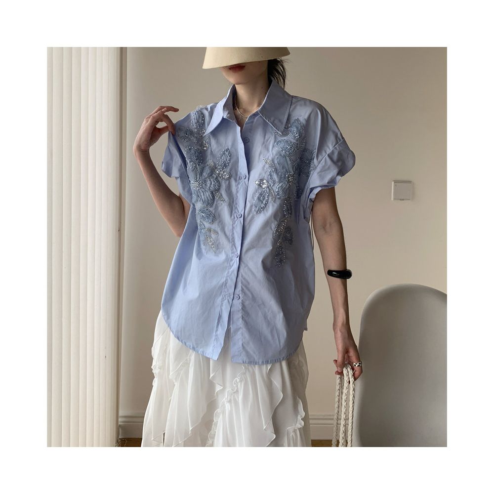 Owen 2026 Summer Embroidered Floral Heavy Rhinestone Studded Loose Fit Vest Shirt with Drawstring Cuffs Oversized Fit image 5