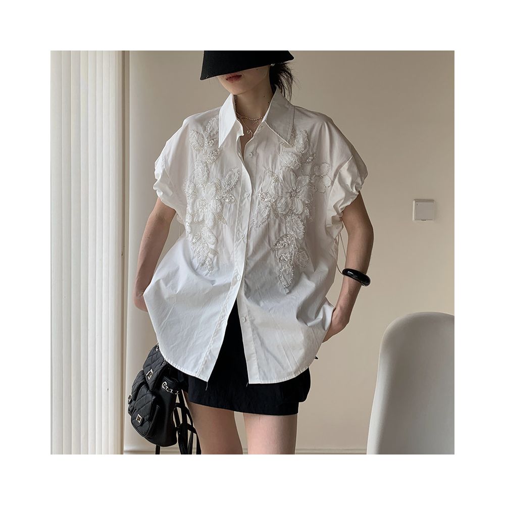 Owen 2026 Summer Embroidered Floral Heavy Rhinestone Studded Loose Fit Vest Shirt with Drawstring Cuffs Oversized Fit image 0