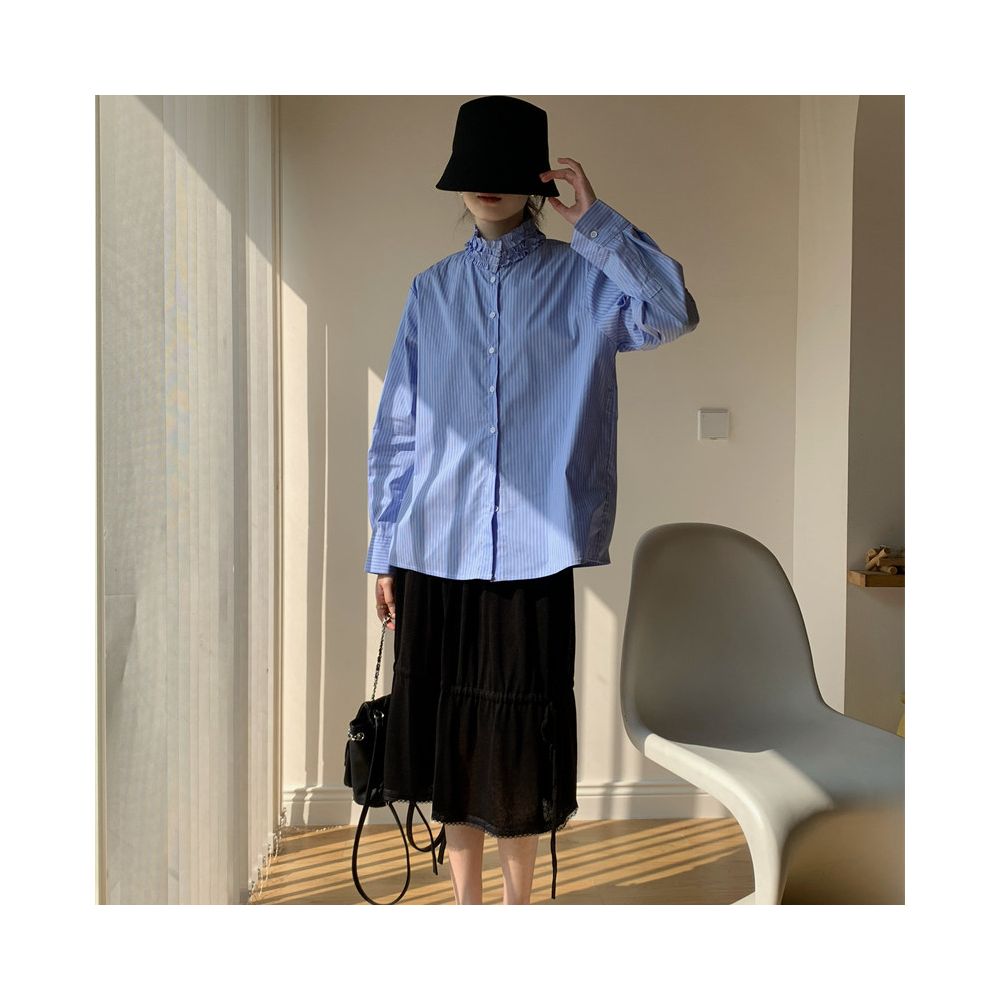Aowen 2026 Spring Summer Retro High Neck Striped Blue Shirt for Women with Ruffled Trim Neckline Design image 2