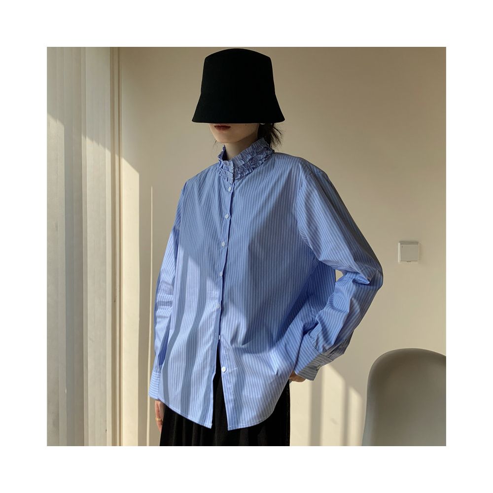 Aowen 2026 Spring Summer Retro High Neck Striped Blue Shirt for Women with Ruffled Trim Neckline Design image 3